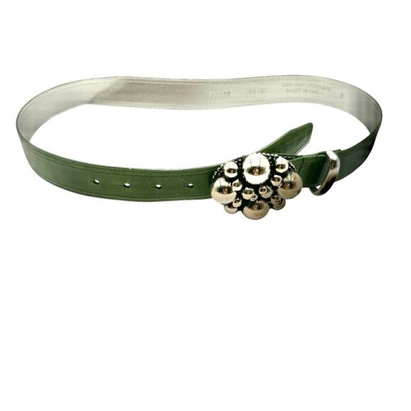 PER SE women\'s Elegant Green Leather Belt Silver Buckle - 37in long